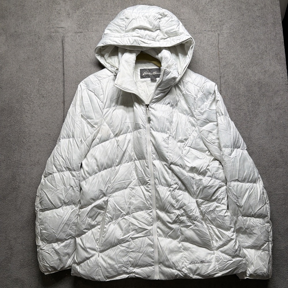 Eddie Bauer Womens Hooded Down Puffer‎ Jacket White Winter Coat Large